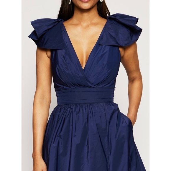 MARCHESA Navy Taffeta Ruffled Shoulder V-Neck Ruched Waist Low Back Ball Gown 4 - Picture 9 of 13